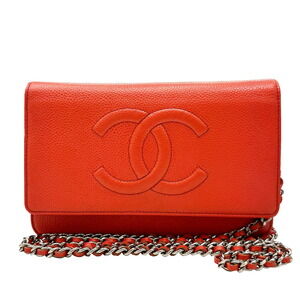 CHANEL Coco Mark Chain Shoulder Bag Caviar Leather Orange Red Vermilion